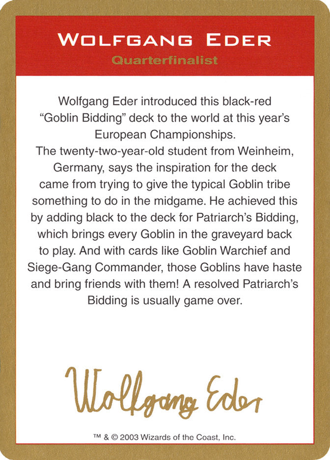 Wolfgang Eder Bio [World Championship Decks 2003] | Card Merchant Takapuna