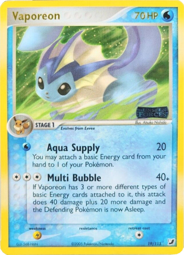 Vaporeon (19/115) (Stamped) [EX: Unseen Forces] | Card Merchant Takapuna