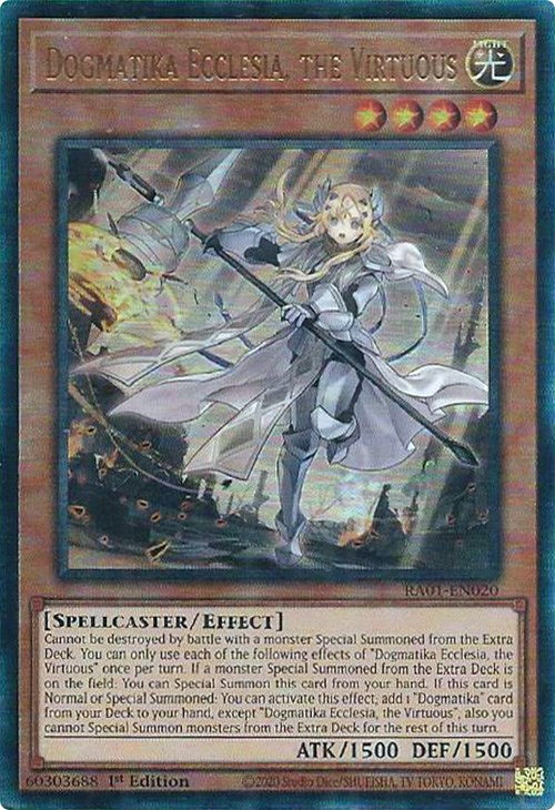 Dogmatika Ecclesia, the Virtuous [RA01-EN020] Prismatic Ultimate Rare | Card Merchant Takapuna