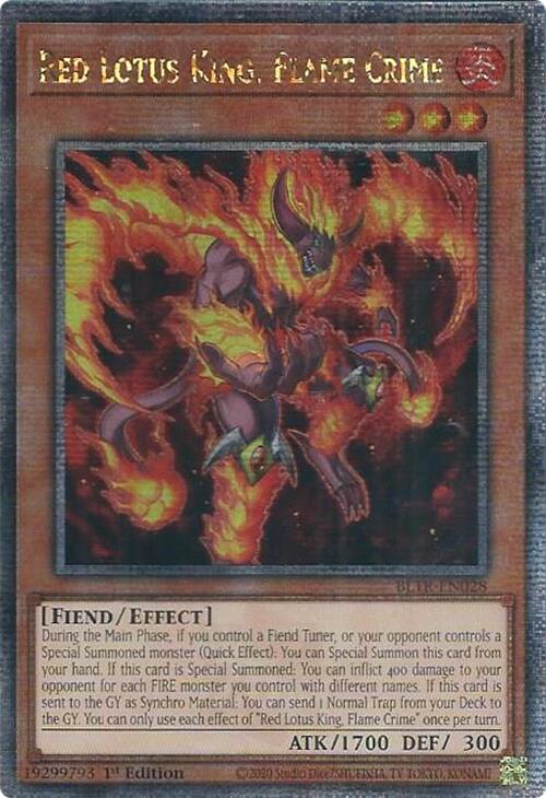 Red Lotus King, Flame Crime (Quarter Century Secret Rare) [BLTR-EN028] Quarter Century Secret Rare | Card Merchant Takapuna