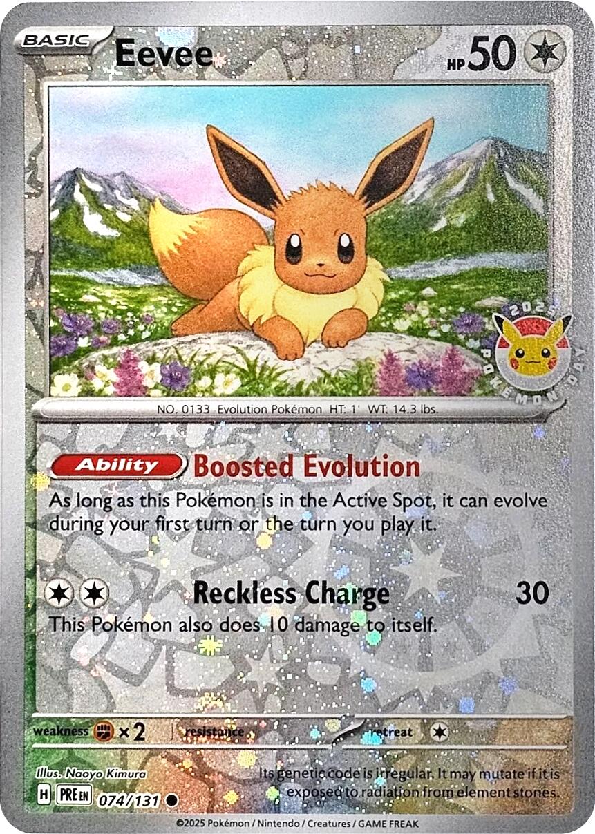 Eevee (074/131) (Pokemon Day 2025) (Reverse Cosmos Holo) [Scarlet & Violet: Prismatic Evolutions] | Card Merchant Takapuna