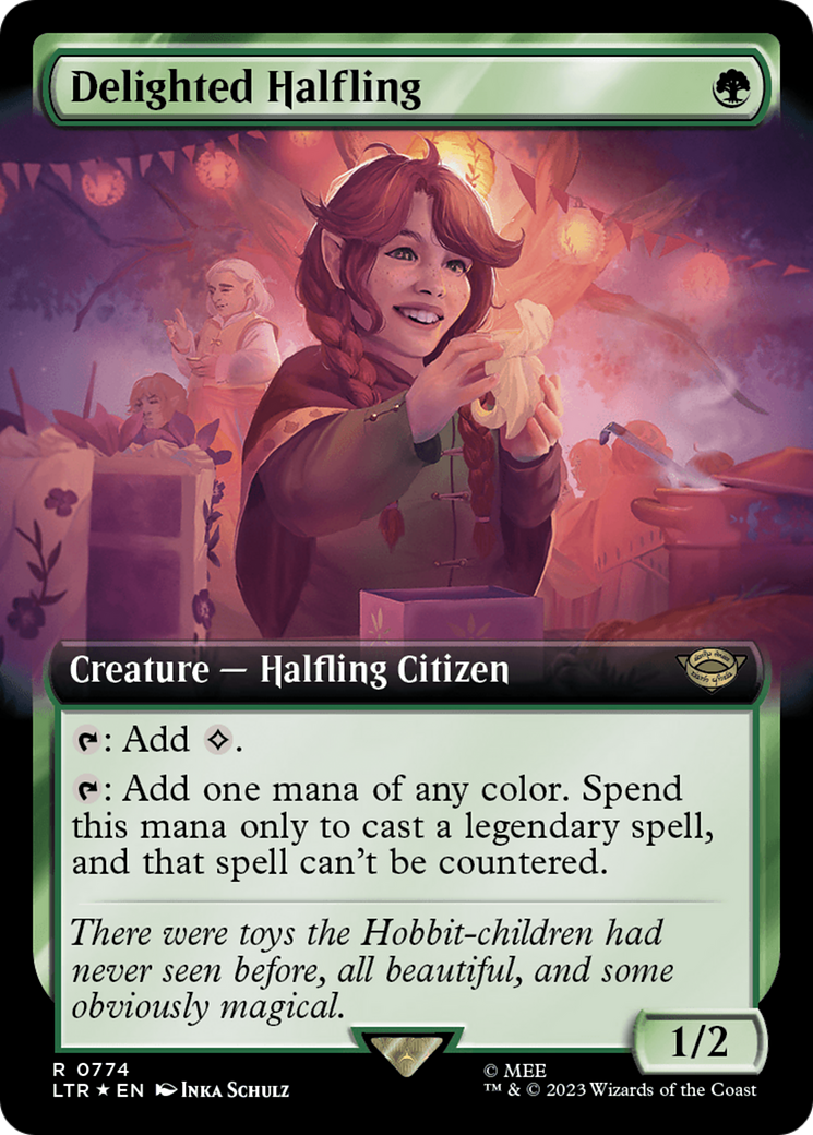 Delighted Halfling (Extended Art) (Surge Foil) [The Lord of the Rings: Tales of Middle-Earth] | Card Merchant Takapuna