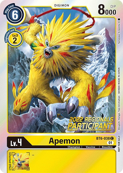 Apemon [BT6-038] (2022 Championship Online Regional) (Online Participant) [Double Diamond Promos] | Card Merchant Takapuna