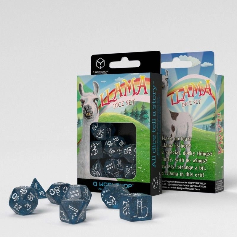 Q Workshop Llama Glittering Dark Blue And White Dice Set 7 | Card Merchant Takapuna