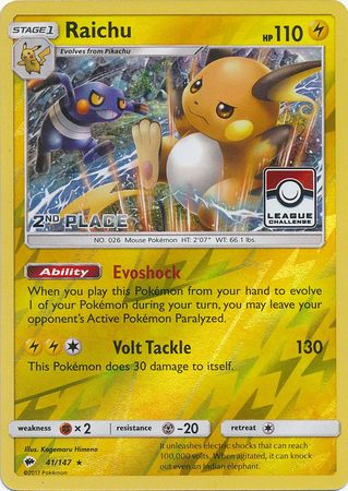 Raichu (41/147) (League Promo 2nd Place) [Sun & Moon: Burning Shadows] | Card Merchant Takapuna