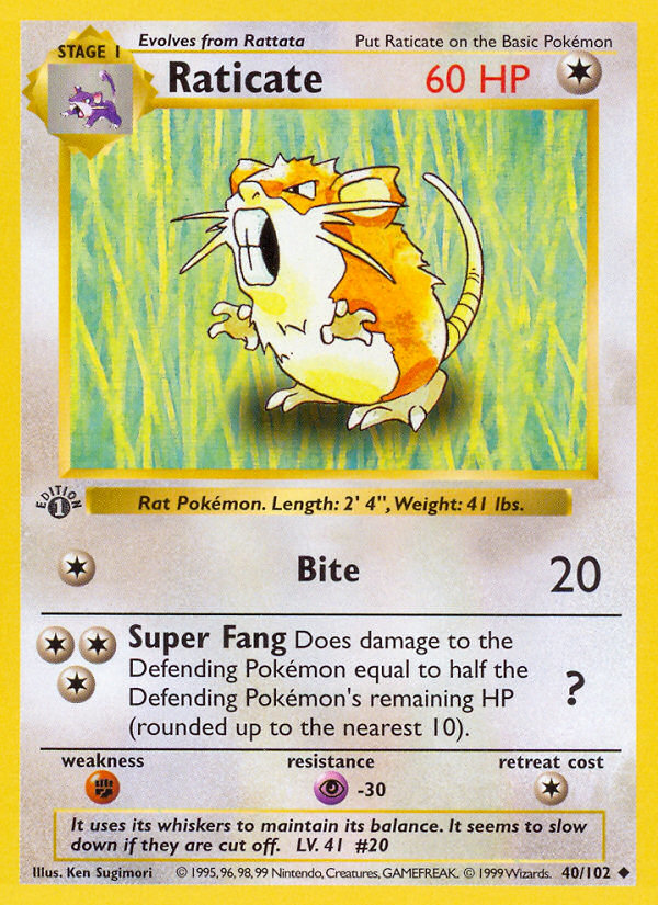 Raticate (40/102) (Shadowless) [Base Set 1st Edition] | Card Merchant Takapuna