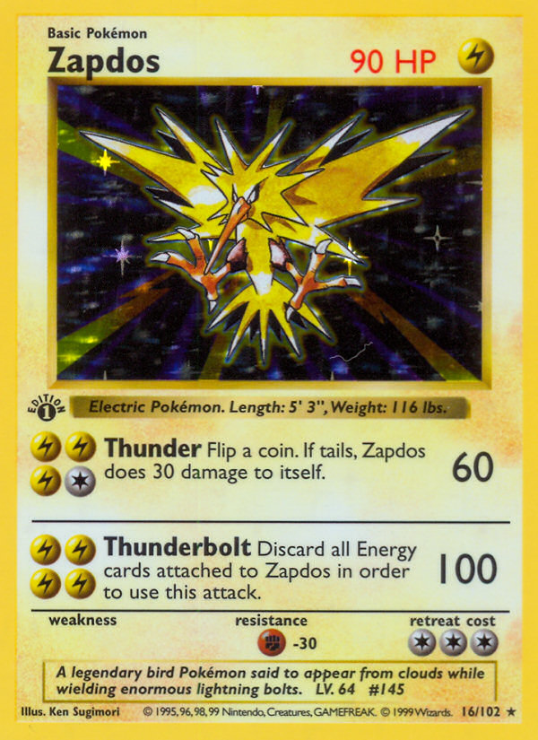 Zapdos (16/102) (Shadowless) [Base Set 1st Edition] | Card Merchant Takapuna