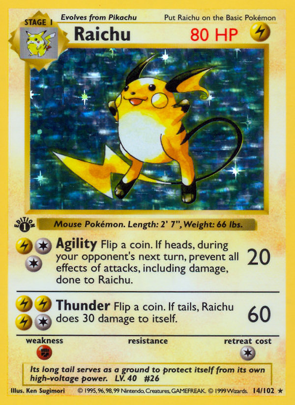 Raichu (14/102) (Shadowless) [Base Set 1st Edition] | Card Merchant Takapuna