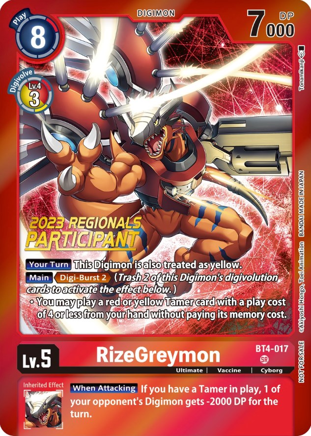 RizeGreymon [BT4-017] (2023 Regionals Participant) [Great Legend Promos] | Card Merchant Takapuna