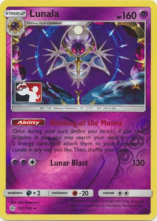 Lunala (102/236) (Pokemon Club Special Print) [Sun & Moon: Cosmic Eclipse] | Card Merchant Takapuna