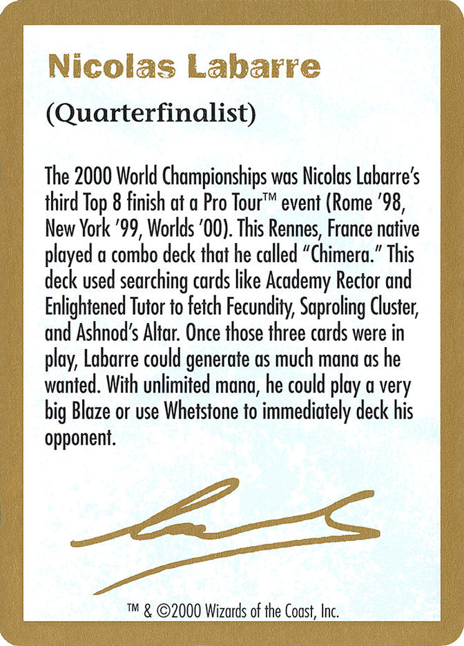 Nicolas Labarre Bio [World Championship Decks 2000] | Card Merchant Takapuna