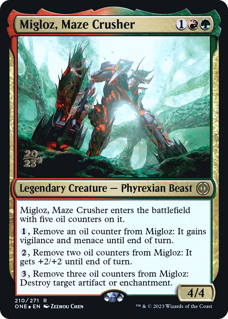 Migloz, Maze Crusher [Phyrexia: All Will Be One Prerelease Promos] | Card Merchant Takapuna