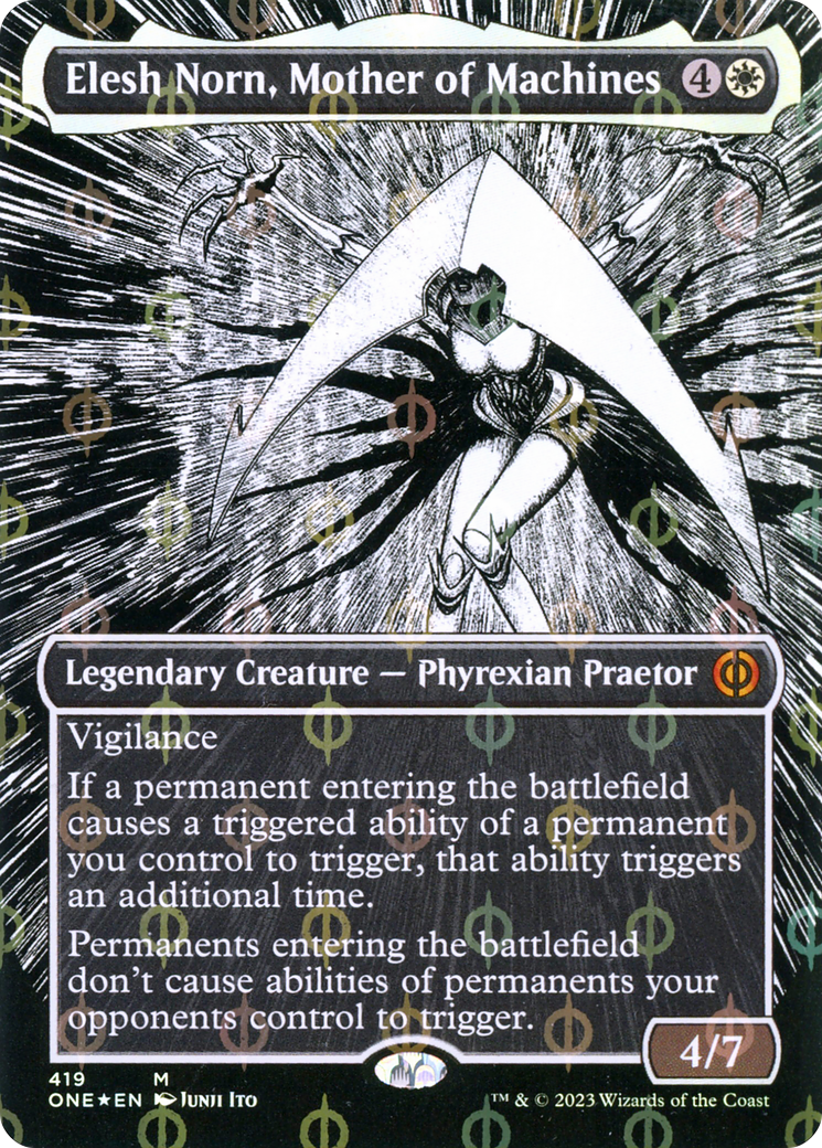 Elesh Norn, Mother of Machines (Borderless Manga Step-and-Compleat Foil) [Phyrexia: All Will Be One] | Card Merchant Takapuna