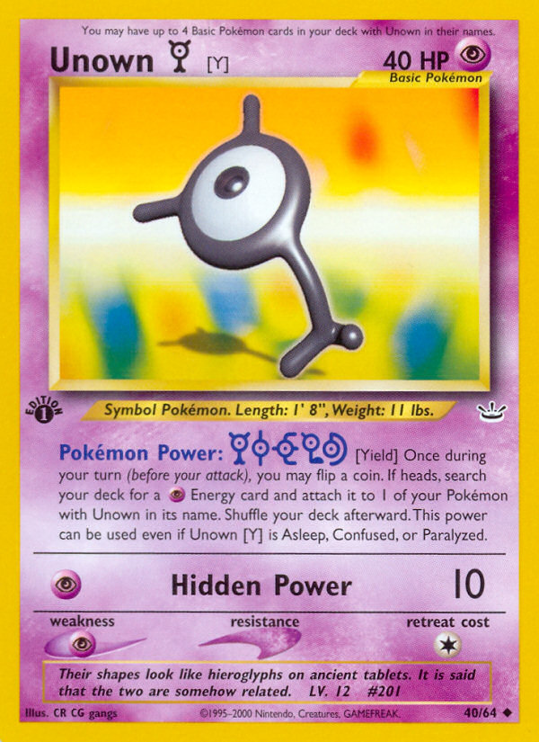 Unown [Y] (40/64) [Neo Revelation 1st Edition] | Card Merchant Takapuna