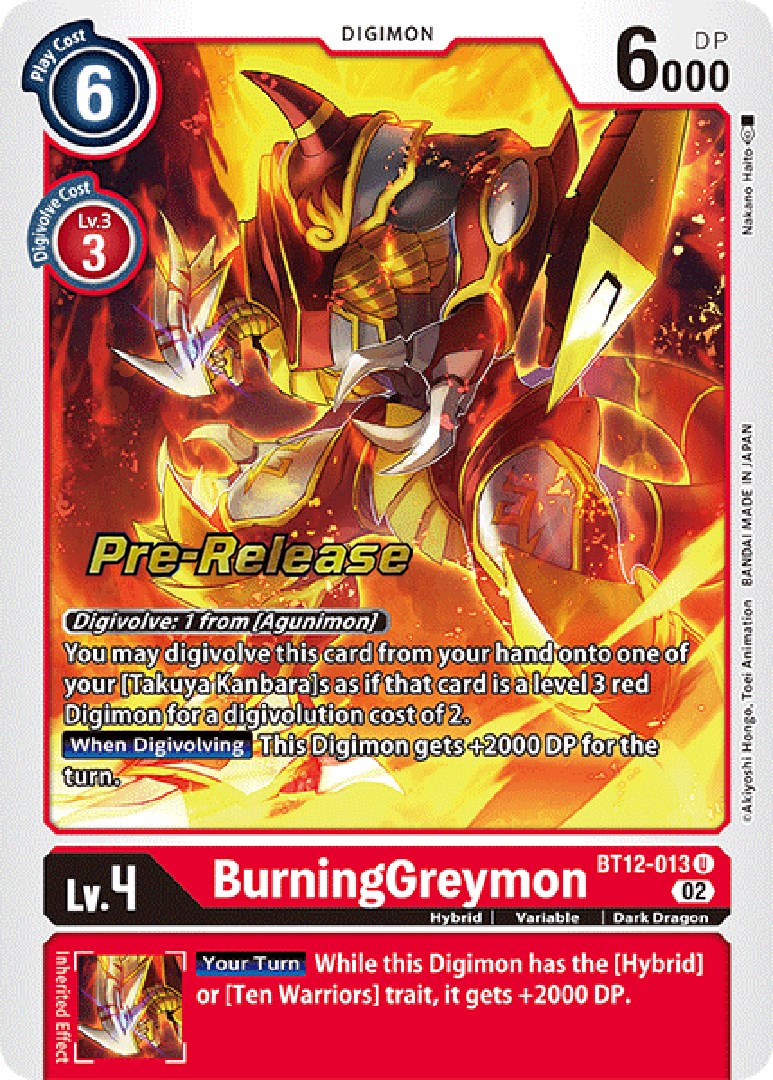 BurningGreymon [BT12-013] [Across Time Pre-Release Cards] | Card Merchant Takapuna