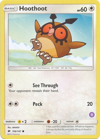 Hoothoot (106/147) (Deck Exclusive #1) [Sun & Moon: Trainer Kit - Alolan Sandslash] | Card Merchant Takapuna