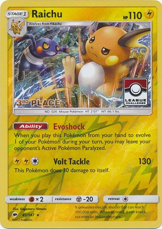 Raichu (41/147) (League Promo 3rd Place) [Sun & Moon: Burning Shadows] | Card Merchant Takapuna