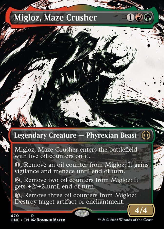 Migloz, Maze Crusher (Borderless Ichor Step-and-Compleat Foil) [Phyrexia: All Will Be One] | Card Merchant Takapuna